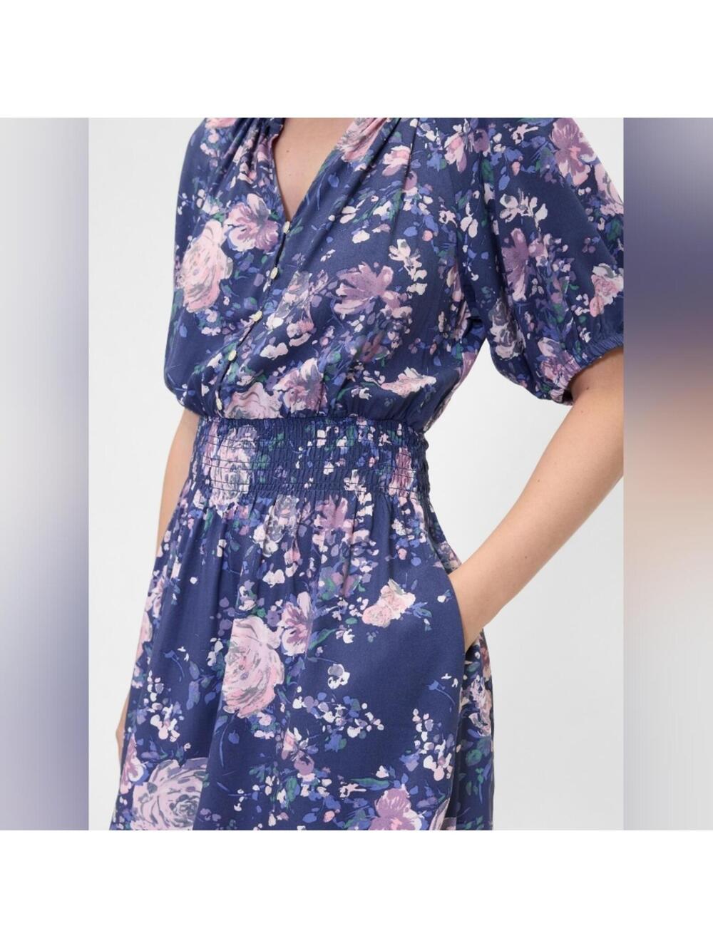 NWOT Gap Relaxed Smocked Splitneck Mini Dress blue pink Floral LP petite - Picture 3 of 4